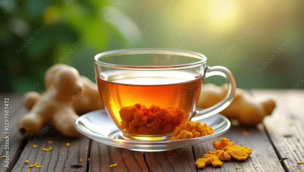 Anti Inflammatory Tea. Cup of tea is next to ginger on saucer Anti Inflammatory Tea. Cup of tea is next to ginger on saucer