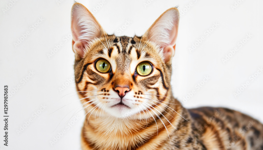 Fototapeta premium Bengal cat looking curiously against a white background