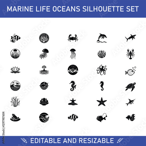 Ocean Marine Life Silhouette Set Editable, Resizable Vector Icons