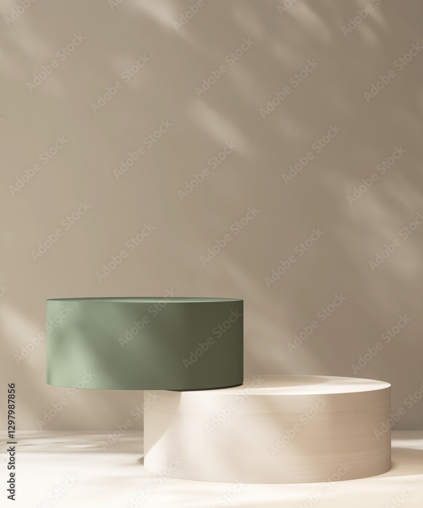© Sue Tansirimas - Two double layered of round green and white podium table in dappled sunlight on cream wall for cosmetic, skincare, body care product podium background 3D © Sue Tansirimas - Two double layered of round green and white podium table in dappled sunlight on cream wall for cosmetic, skincare, body care product podium background 3D