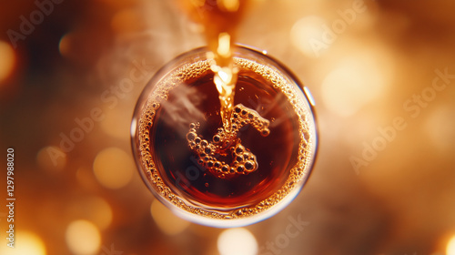 Geyser coffee maker pouring hot, freshly brewed coffee into a cup, filmed from above in slow motion. geyser coffee maker, freshly brewed coffee, slow motion, coffee cup, hot coffee