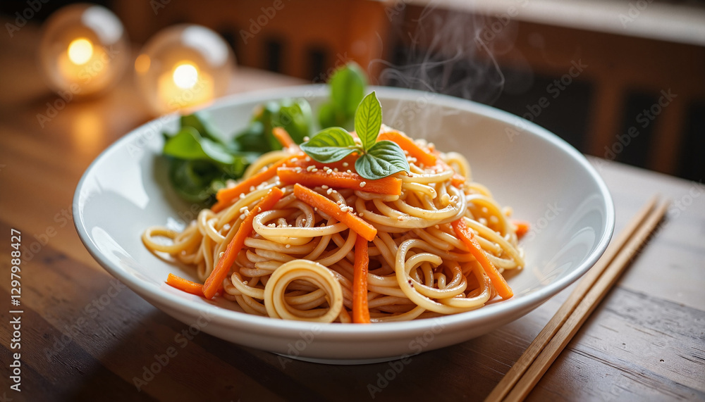 Steaming plate of vegetable spaghetti on wooden table Steaming plate of vegetable spaghetti on wooden table