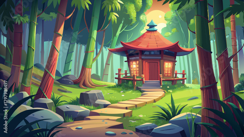 Enchanted Tea House Surrounded by Lush Bamboo Forest and Winding Pathway, Creating a Serene Retreat in Nature’s Embrace