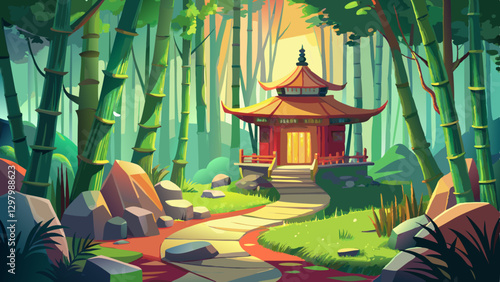 Enchanted Tea House Surrounded by Lush Bamboo Forest and Winding Pathway, Creating a Serene Retreat in Nature’s Embrace