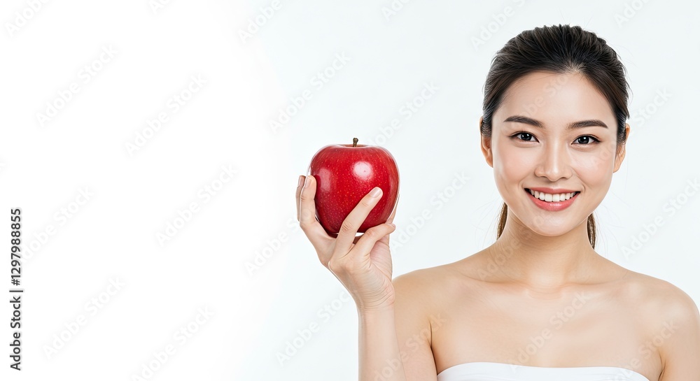 Smiling Asian Woman Holding a Red Apple in Studio Setting Smiling Asian Woman Holding a Red Apple in Studio Setting