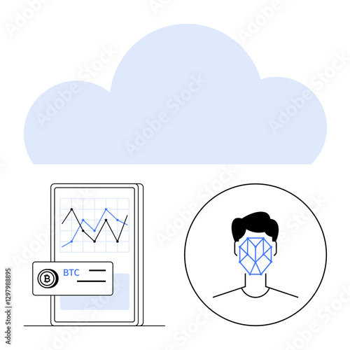 Cloud image, mobile screen with BTC chart, biometric face scan icon. Ideal for finance, digital security, AI, blockchain, cloud computing, data analysis abstract line flat metaphor