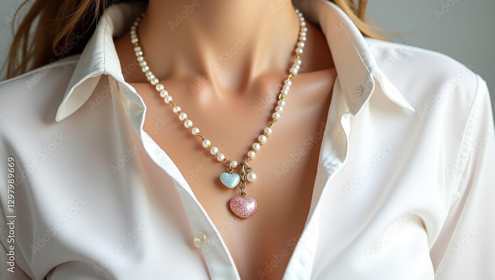 Charm Necklace. Woman is wearing white shirt and necklace with pink heart Charm Necklace. Woman is wearing white shirt and necklace with pink heart