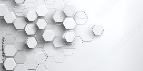 A modern abstract background featuring a pattern of hexagons in varying sizes and shades of white. Ideal for technology, science, and digital design projects.