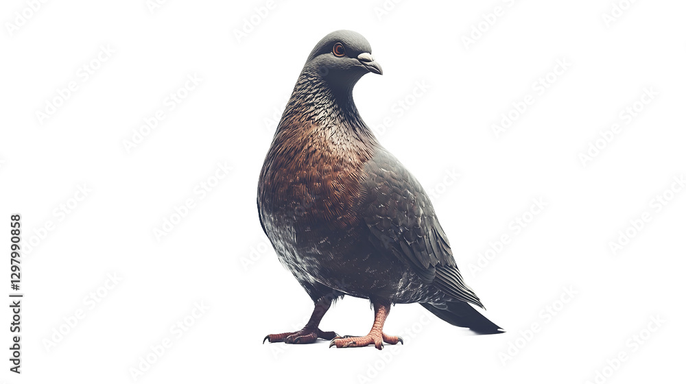 Naklejka premium A city pigeon, a quiet observer of urban life, stands proudly against a bright white backdrop, showcasing its rich, dark plumage in soft, natural light.