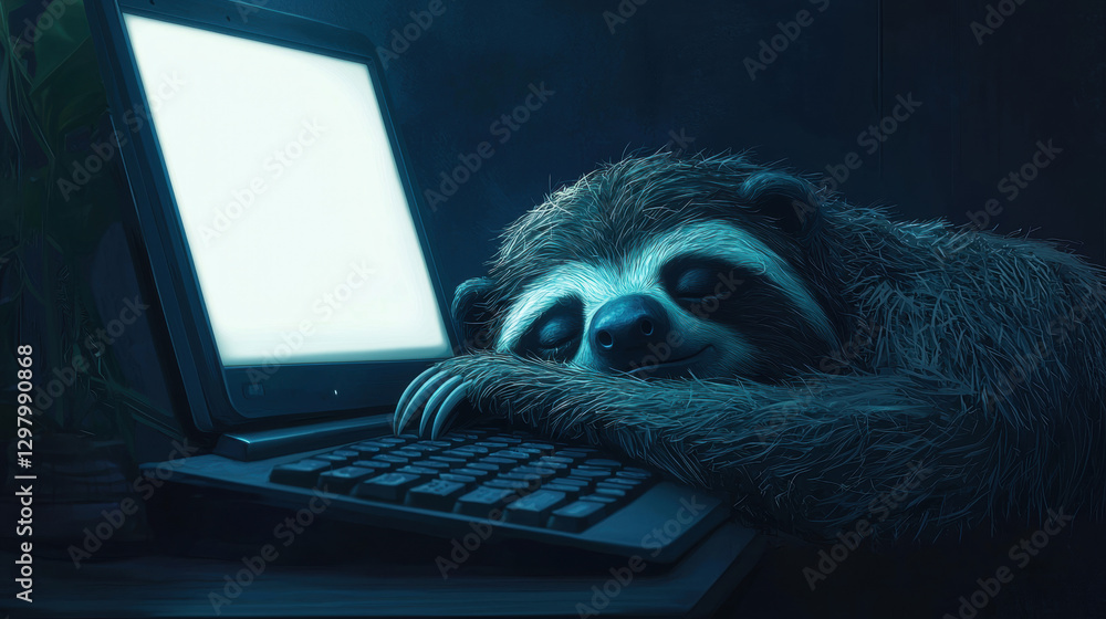 Obraz premium A tired sloth resting its head on a keyboard, with a blank computer screen glowing softly in the dark, embodying the concept of procrastination and exhaustion