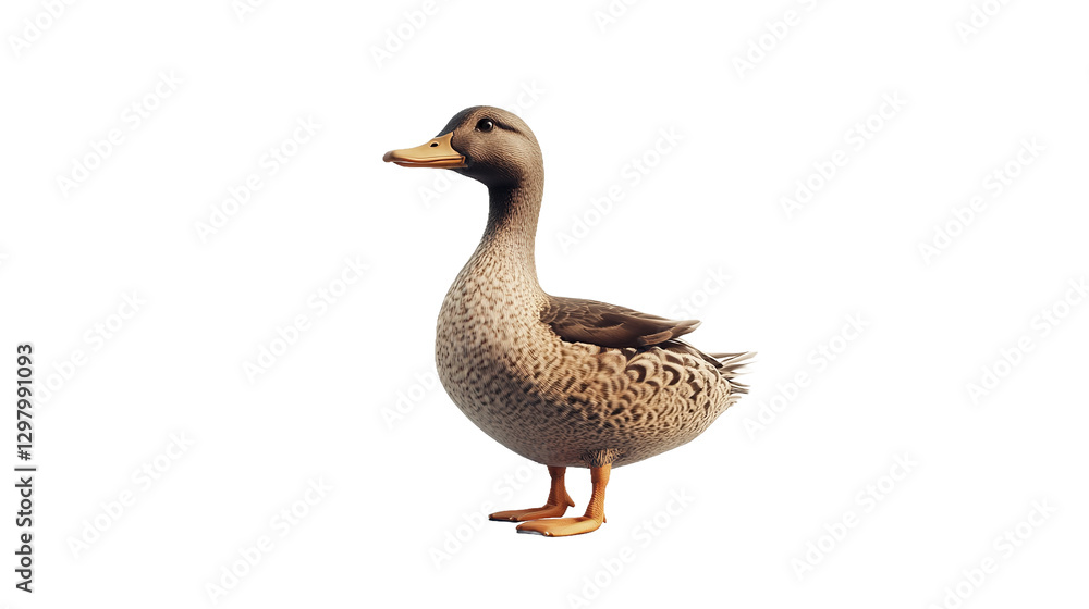 A curious duckling standing proudly against a bright white background showcasing its intricate speckled plumage. A curious duckling standing proudly against a bright white background showcasing its intricate speckled plumage.