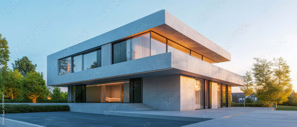 Obraz premium Modern architectural design with sleek lines and large windows in evening light