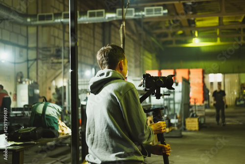 Fotografie Filmmaker preparing to shoot in a spacious industrial setting