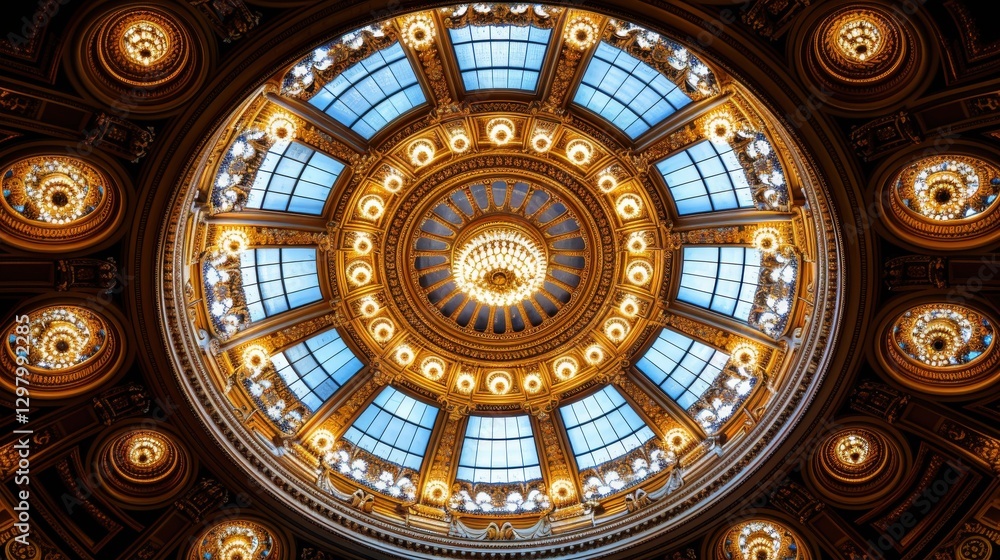 Ornate gilded dome ceiling with stained glass windows and intricate detailing, showcasing architectural grandeur. Ornate gilded dome ceiling with stained glass windows and intricate detailing, showcasing architectural grandeur.