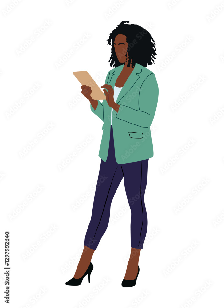 Businesswoman working at digital tablet. Pretty black woman wearing smart casual office outfit standing, looking at computer. African girl Vector realistic illustration isolated Businesswoman working at digital tablet. Pretty black woman wearing smart casual office outfit standing, looking at computer. African girl Vector realistic illustration isolated