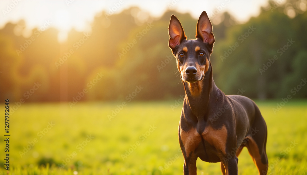 Doberman standing proudly in a sunny green field Doberman standing proudly in a sunny green field