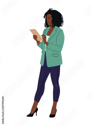 Businesswoman working at digital tablet. Pretty black woman wearing smart casual office outfit standing, looking at computer. African girl Vector realistic illustration isolated