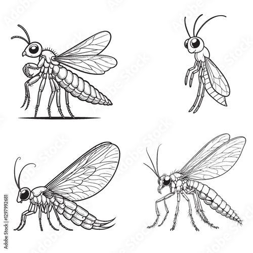 "High-Quality Cute Cartoonic Mayfly Outline Vector Illustrations"