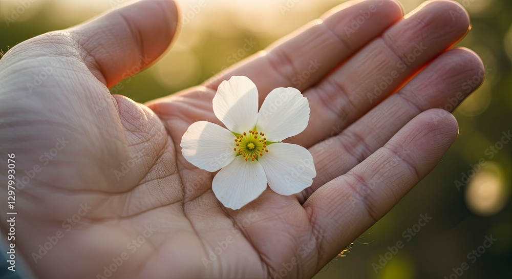 Holding a Delicate White Flower in Hand with Sunlight Background Holding a Delicate White Flower in Hand with Sunlight Background