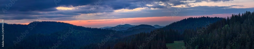 Panoramic view of a mountain range at sunrise, sunset. A breathtaking panoramic view of a mountain range at sunrise or sunset. Pamparova Bulgaria Panoramic view of a mountain range at sunrise, sunset. A breathtaking panoramic view of a mountain range at sunrise or sunset. Pamparova Bulgaria