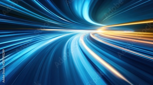 An abstract blue background with blurred stripes and light stripes on the horizon. The lines resemble a highway, with a focus on smooth curves that represent technology and communication concepts
