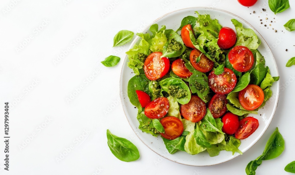 Salad with tomatoes and pesto, on a plate. White background with copyspace Salad with tomatoes and pesto, on a plate. White background with copyspace