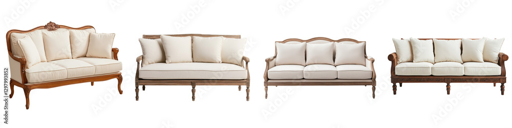 Fototapeta premium A collection of elegant and refined antique inspired luxury living room furniture pieces including ornately carved wooden sofas loveseats and chairs upholstered in rich velvet fabrics