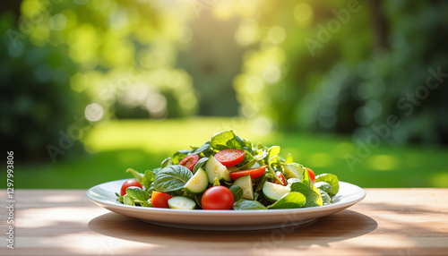 Fresh salad with tomatoes and cucumbers on wooden table