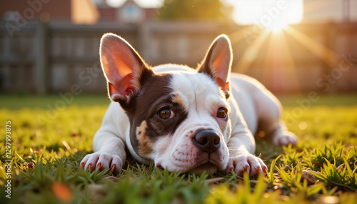 French Bulldog puppy lying on grass at sunset