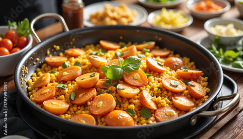 Colorful couscous dish with apricots and basil in a kitchen setting