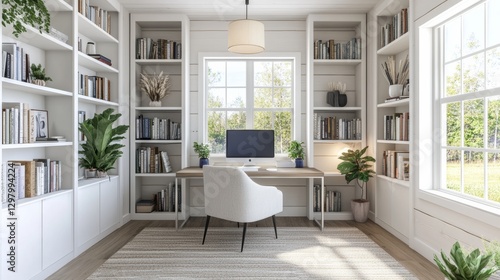 Home office library with floor to ceiling white bookshelves and mid century desk and chair