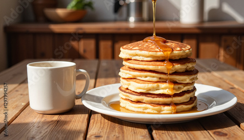 Stack of pancakes with syrup and coffee on wooden table
