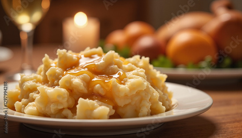 Creamy mashed potatoes with gravy on a dinner table
