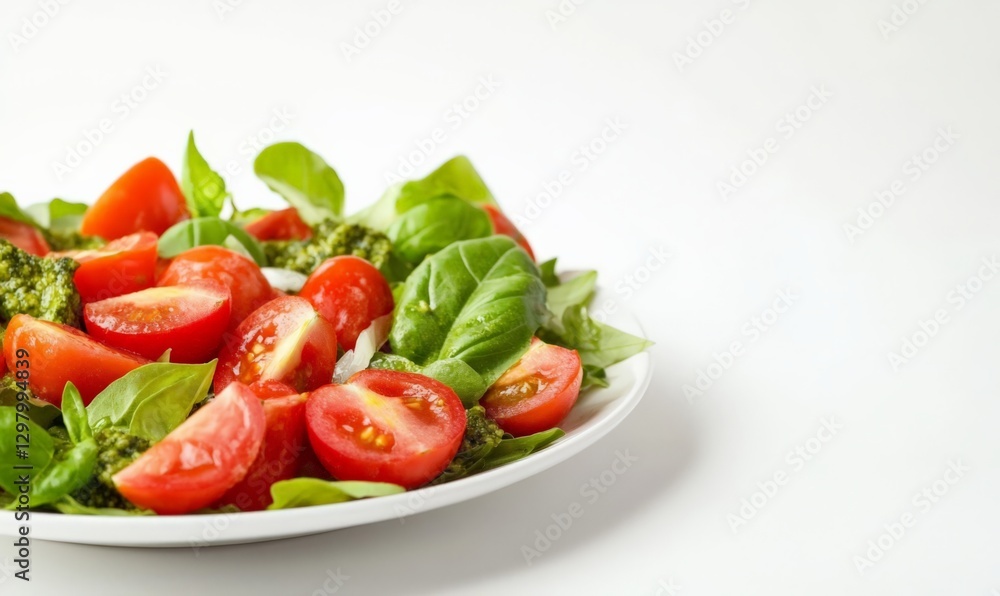 Salad with tomatoes and pesto, on a plate. White background with copyspace Salad with tomatoes and pesto, on a plate. White background with copyspace