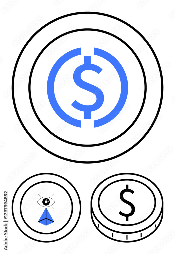 Coins with dollar symbols, eye inside a pyramid, and abstract geometric elements. Ideal for finance, cryptocurrency, digital economy, blockchain, innovation, security abstract line flat metaphor Coins with dollar symbols, eye inside a pyramid, and abstract geometric elements. Ideal for finance, cryptocurrency, digital economy, blockchain, innovation, security abstract line flat metaphor