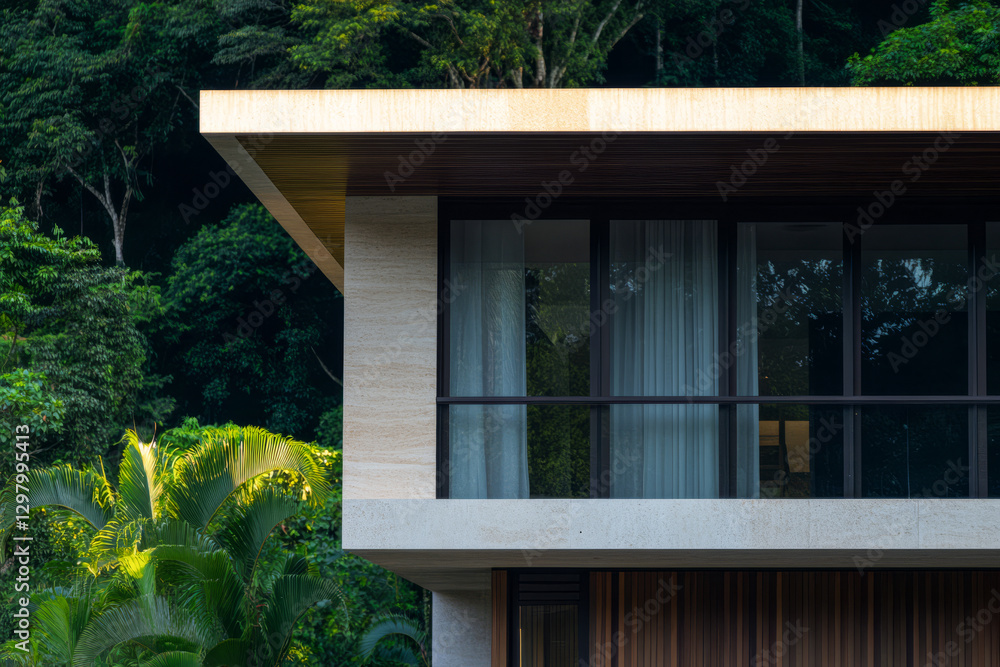 Fototapeta premium Modern architectural design of a house surrounded by lush greenery during daylight hours