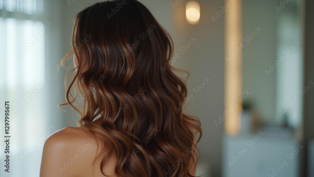 Nanoplastia Hair Treatment. Back of woman with long brown hair standing in room Nanoplastia Hair Treatment. Back of woman with long brown hair standing in room