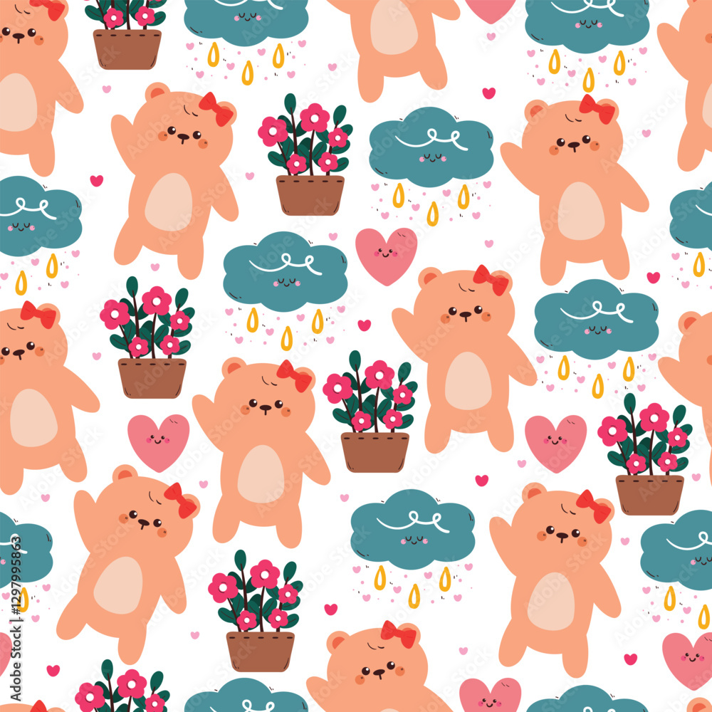Fototapeta premium seamless pattern cute cartoon bear with flower pot and sky element. cute animal pattern for wallpaper, background and gift wrap paper