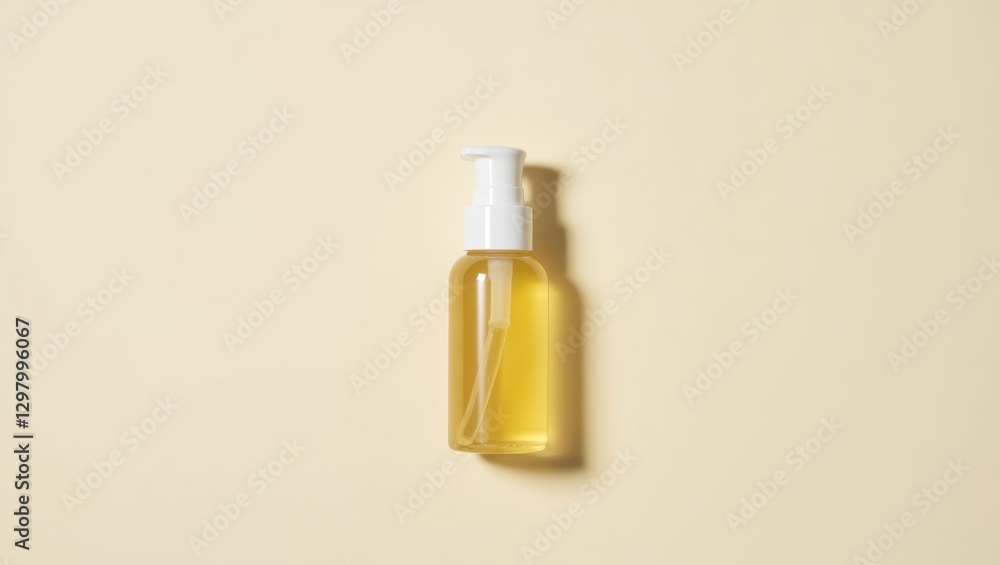 Oil Cleanser. Transparent plastic bottle with yellow liquid against be