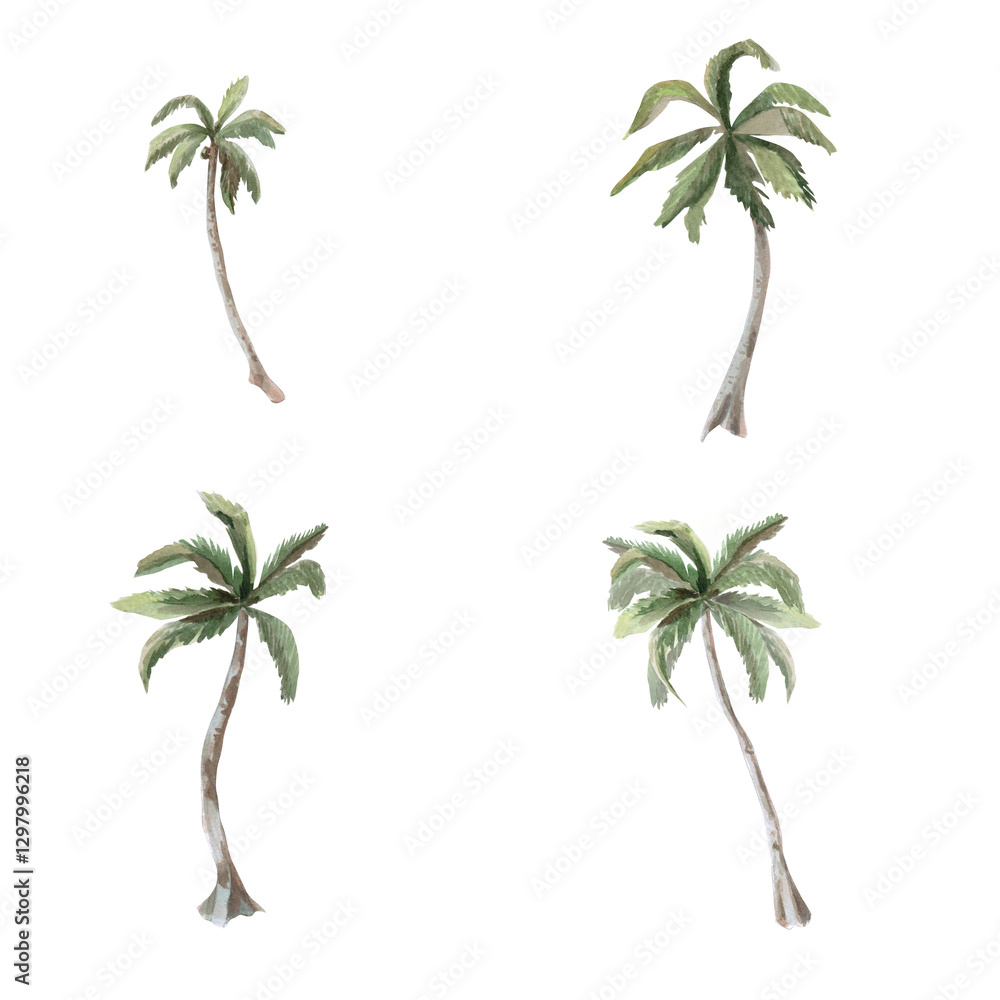 Fototapeta premium Set of 4 palm trees. Isolated watercolor illustration of trees for print design for tourism business, tour advertising, beach cafe design, fabric printing and posters.