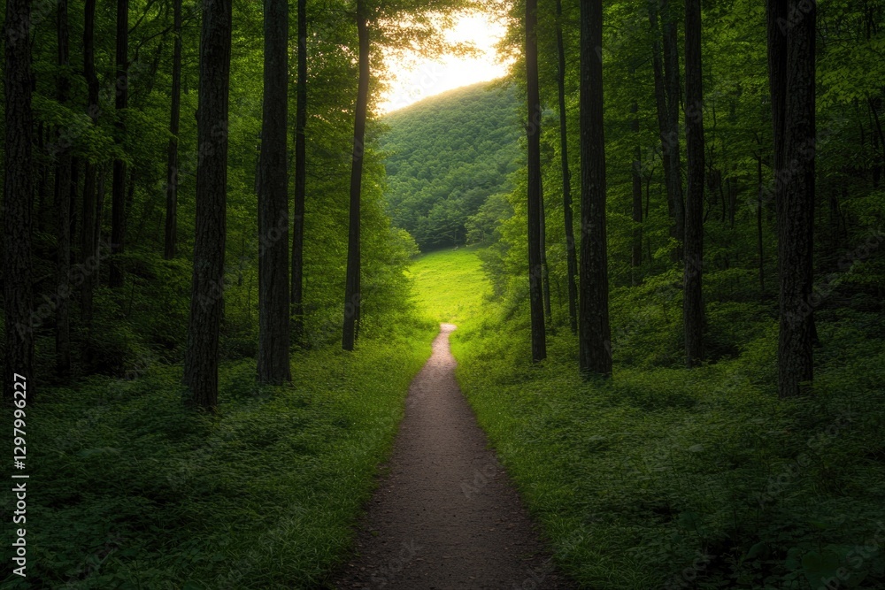 Fototapeta premium Pathway through lush green forest leads to serene valley illumin