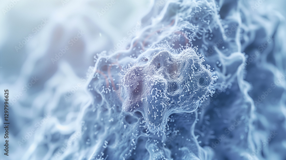 Naklejka premium Close-up of magnified fungal infection on human skin showing visible spores and lesions, medical condition detail for educational and scientific purposes.