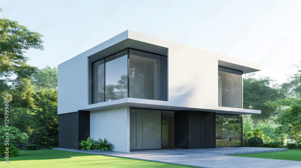 Modern architectural design of a two-story house in a lush green setting Modern architectural design of a two-story house in a lush green setting