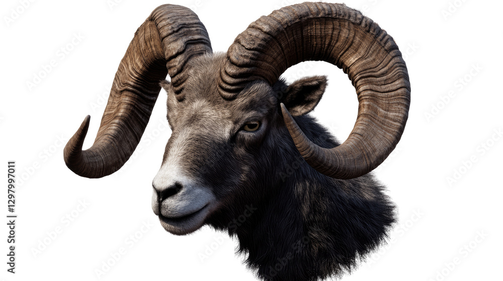 Majestic Ram: A striking portrait of a powerful ram, its impressive curved horns and sturdy build command attention, captured against a clean backdrop. Majestic Ram: A striking portrait of a powerful ram, its impressive curved horns and sturdy build command attention, captured against a clean backdrop.