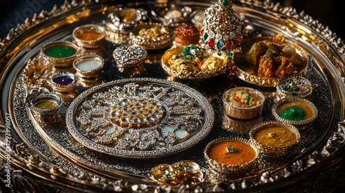 A thali of Gujarati dishes, with studio lighting bringing out the vibrant colors of the various curries, chutneys, and breads.