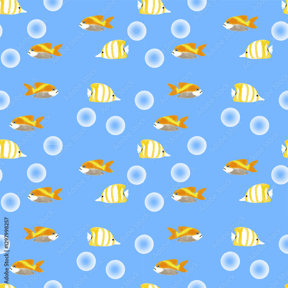Seamless Pattern of Colorful Fish and Bubbles on Blue Background