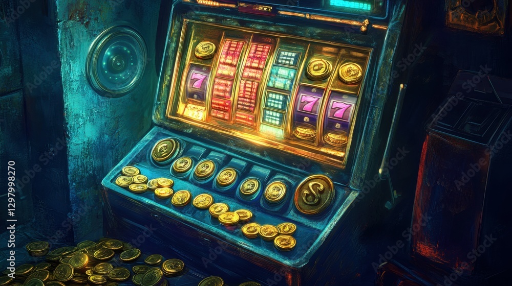 Dynamic slot machine with vivid symbols and gleaming coins, perfect for a gaming experience.