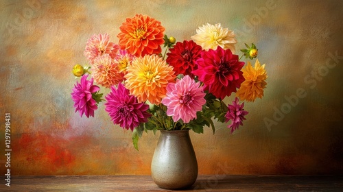 Wallpaper Mural A vibrant arrangement of colorful dahlias in a simple vase on a textured background Torontodigital.ca