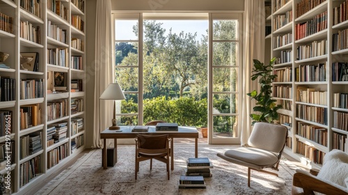 Wallpaper Mural Home office library with floor to ceiling white bookshelves and mid century desk and chair Torontodigital.ca