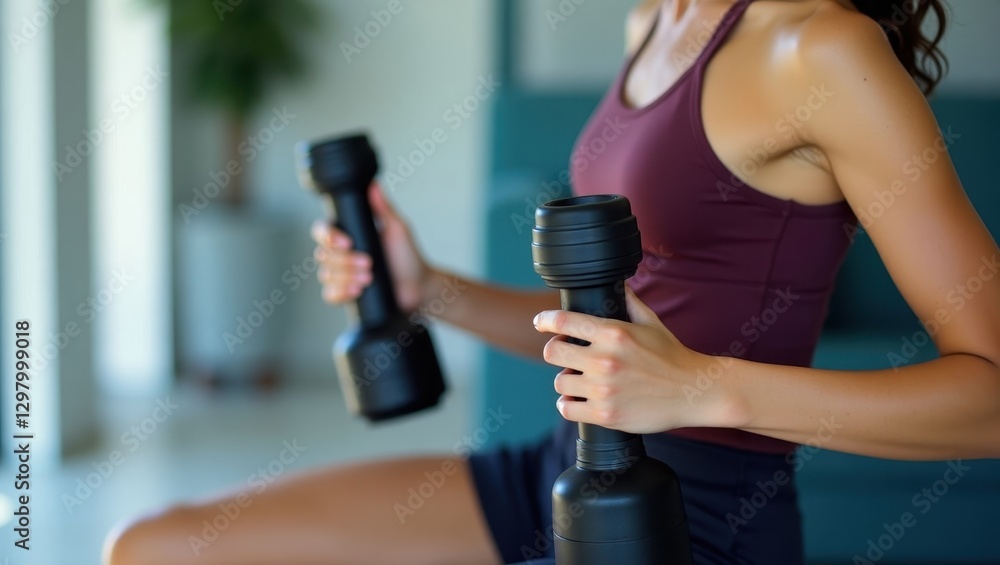 Recovery Massager. Woman is holding bottle and black object in her hand Recovery Massager. Woman is holding bottle and black object in her hand